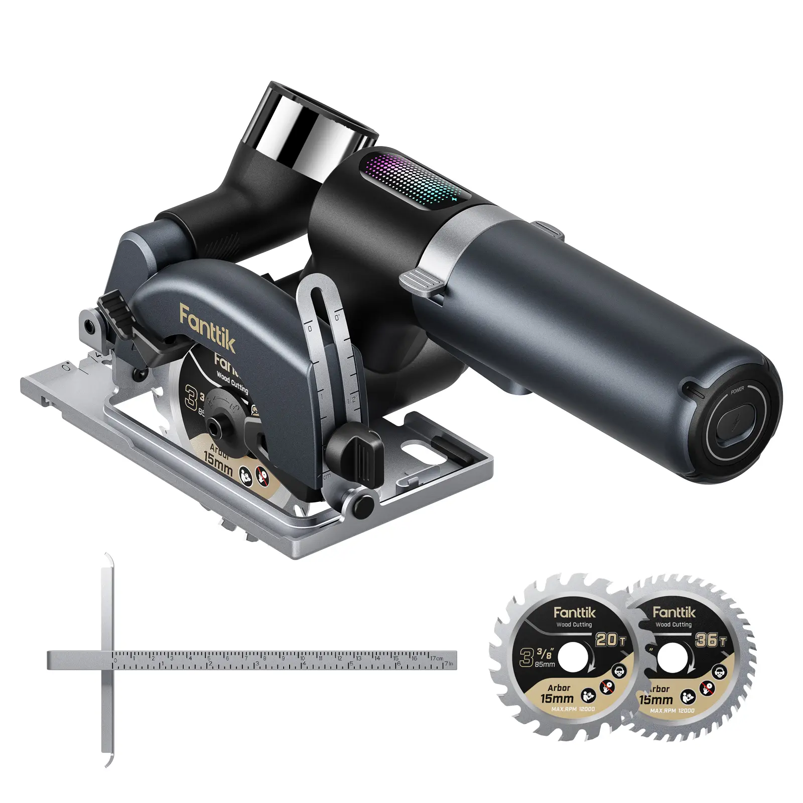 Fanttik O11 Pro 3-3/8 Inch Cordless Circular Saw, 4500RPM Brushless Motor, 1" Max Cutting Depth, 0-45° Bevel, with 2 Blades & Dust Port, ideal for DIY furniture, laser engraving prep & Home Renovation