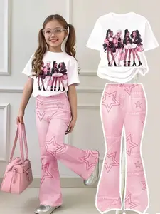 Spring Summer Girls Fashion Casual Two-Piece Set, Cartoon Girl Print Short Sleeve Round Neck T-Shirt and Star Print Bell Bottom Pants