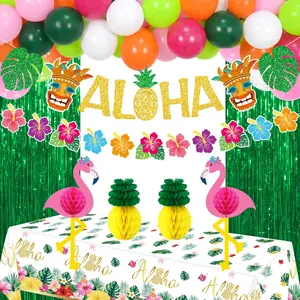 Hawaiian Luau Decorations,Tropical Hibiscus Banner, Hawaii Summer Beach Themed Supplies with Centerpieces, Tinsel Backdrop Curtains,Balloons,Tablecloth