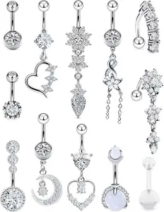 12pcs 14G Dangle Belly Button Ring Piercing Jewelry 316L Stainless 7Steel Heart Flower CZ Reverse Navel Rings Dangling Belly Button Ring Piercing Jewelry for Women