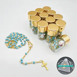 US LUOKASI 12pcs Baptism Favors Blue Wooden Beads Rosary in Glass Bottle Jar Recuerdos De Bautizo Quinceanera Clear Pearl Christening Quinceanera Holy Communion Gifts