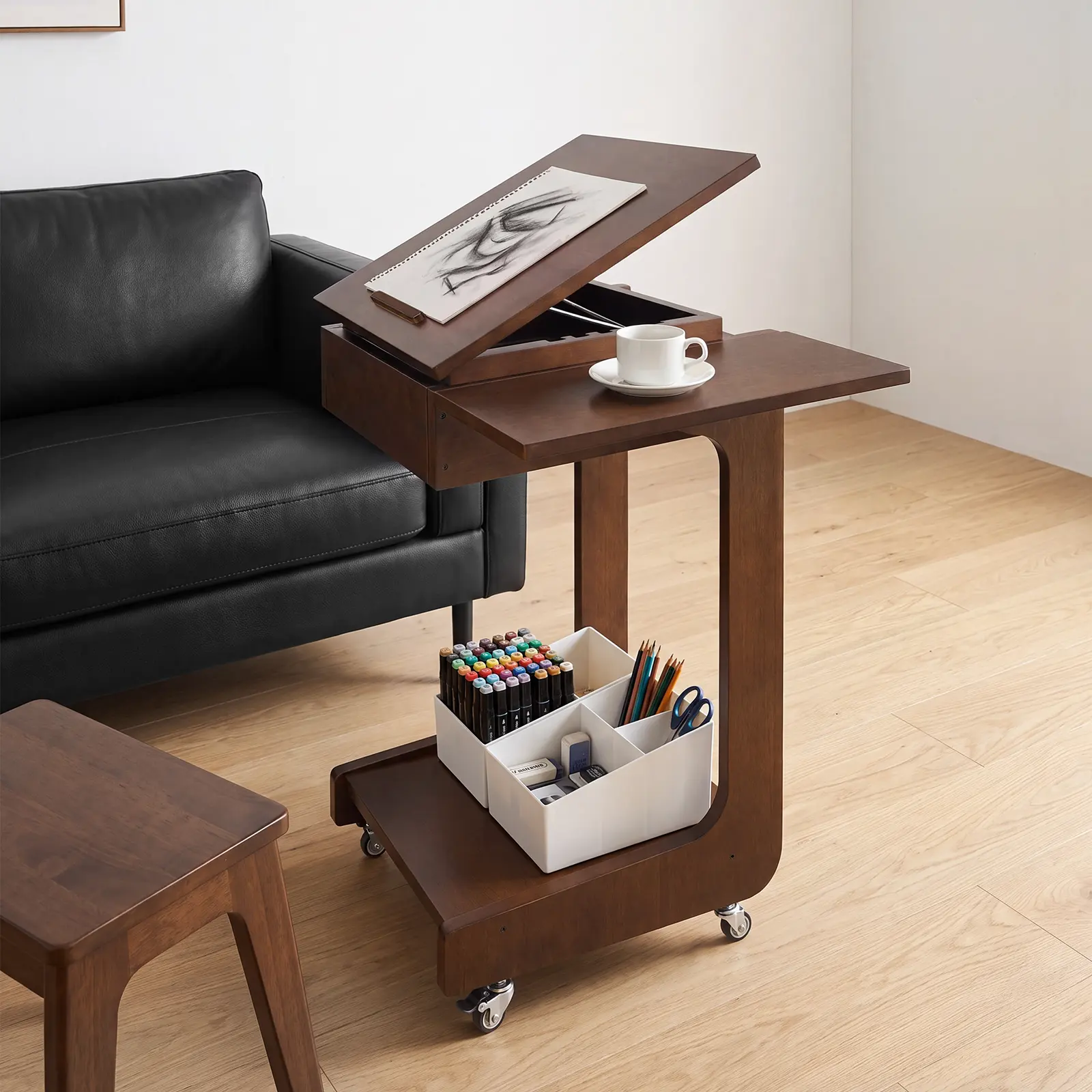 Solid Wood C Shaped End Table, Rolling Side Table with 360° Adjustable & Foldable Desktop, Couch Table with Laptop Stand for Couch, Living Room, Bedroom, Office (Walnut)