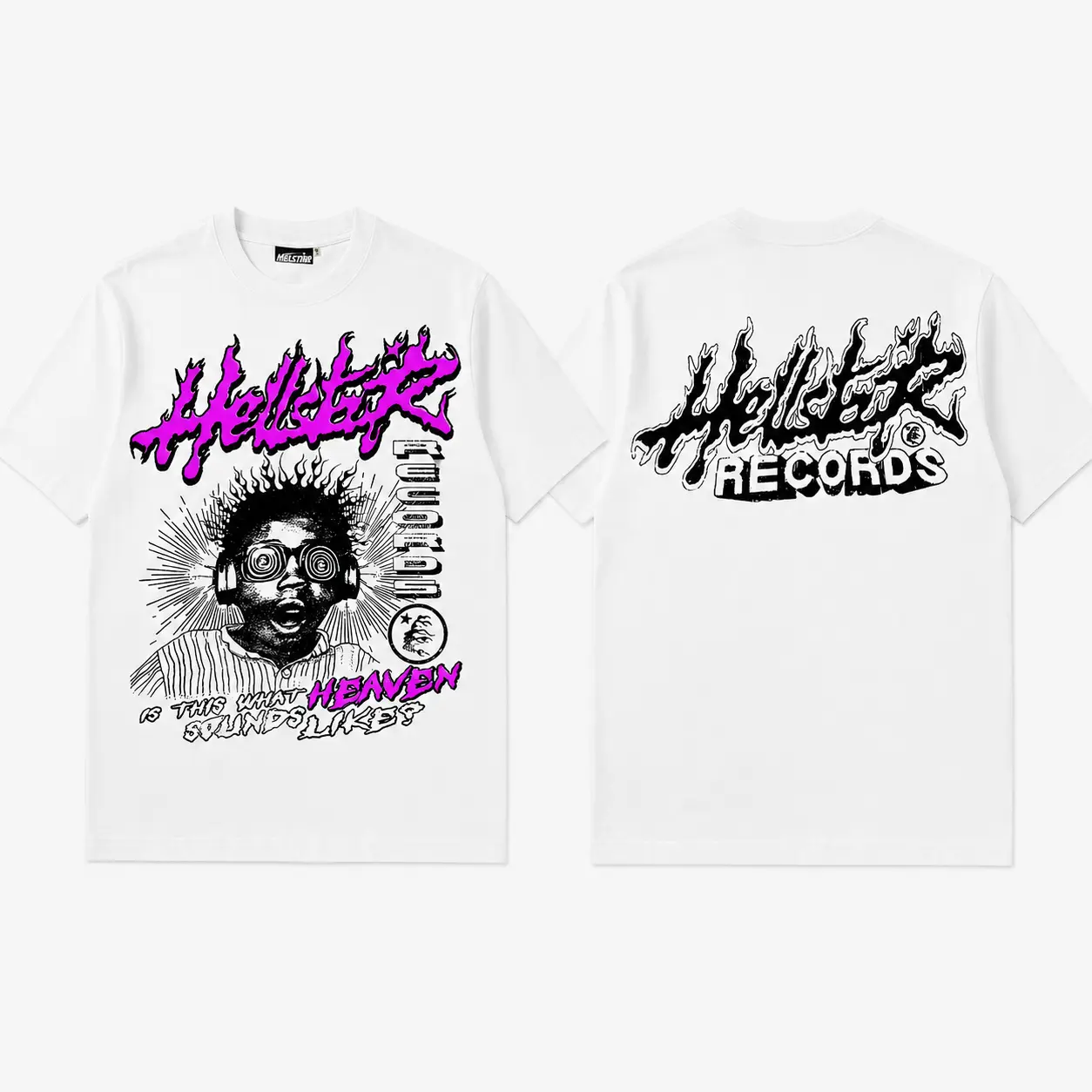 Hellstar Sounds Like Heaven Graphic T-Shirt, White Streetwear Tee, Purple Black Front Print Shirt, Records Back Graphic, Oversized Short Sleeve Crew Neck Top