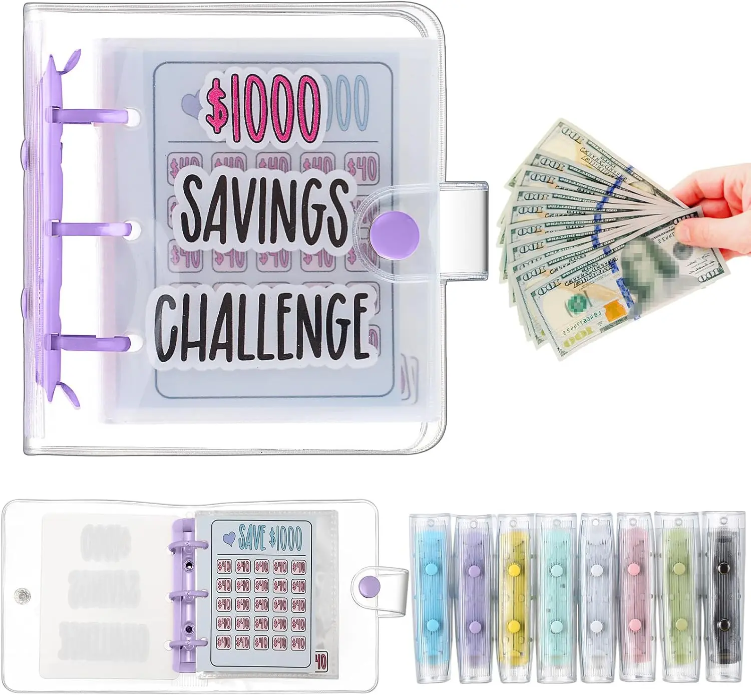 $1000 Mini Savings Challenge Binder with Cash Envelopes, Portable 3-Ring Budget Book with $40 Trackers & Clear Pockets, Reusable Cash Stuffing Organizer, Pocket Money Saving Planner & Financial Gift