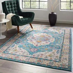 Modway Success Anisah Distressed Floral Vintage Medallion 5x8 Area Rug in Light Blue, Ivory, Yellow, Orange