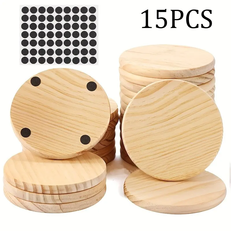 15-Pack Aesthetic Unfinished Wood Coaster Set - 4 in Square, Circle, Heart, Hexagon Wooden Blanks with Non-Slip Foam Pads, DIY Craft Supplies for Painting, Pyrography, Engraving, Heat-Resistant Table Insulation Mat, Four-Inch, Holds Acrylic Paint