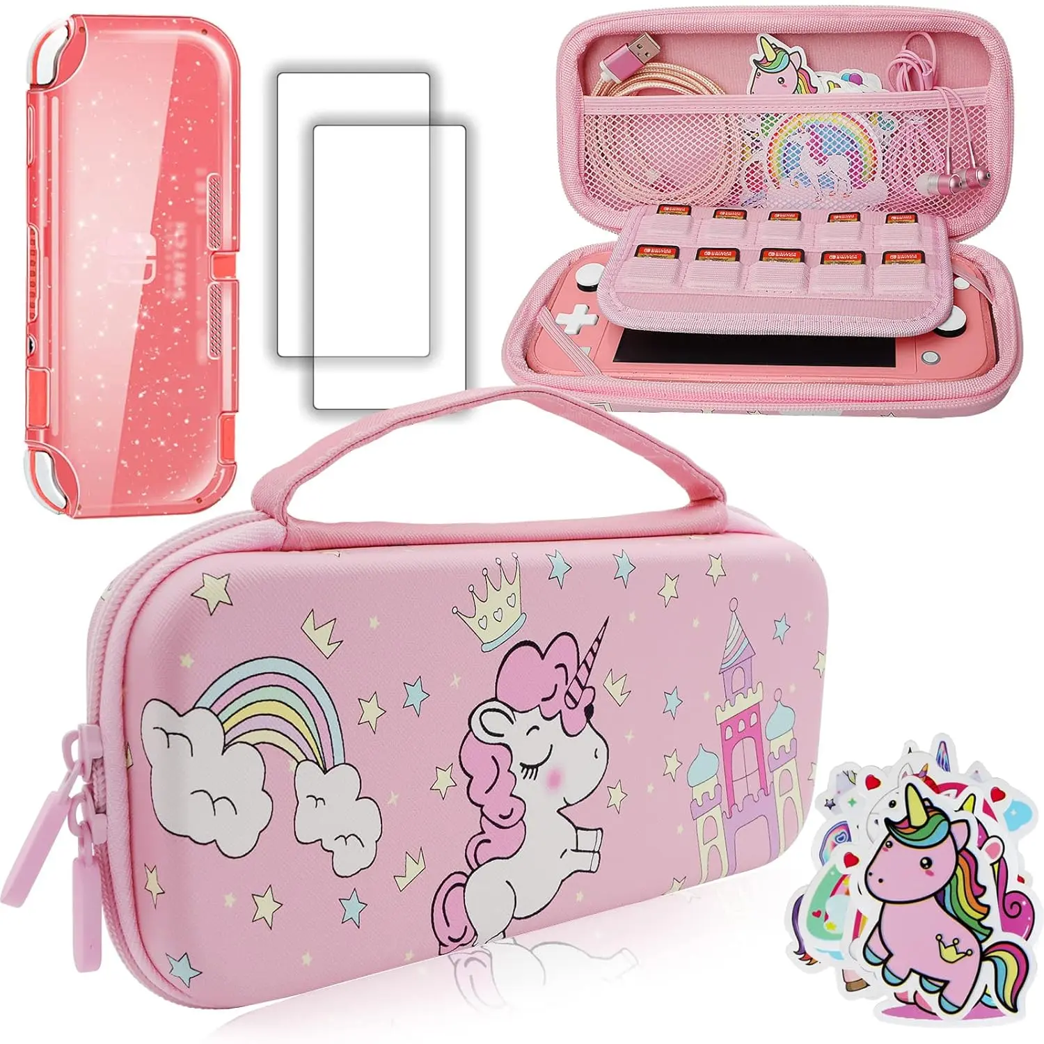 h-13 Pink Unicorn Carrying Case Compatible with Nintendo Switch Lite with Crystal Glitter Soft Protective Case Cover+Screen Protector+Stickers, Hard Storage Case Accessories Kit for Girls Birthday Gift