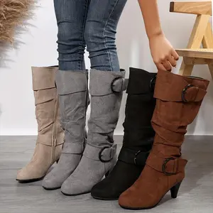 Women’s slouch knee boots, heeled boots with side strap and zipper, comfortable suede-like long boots