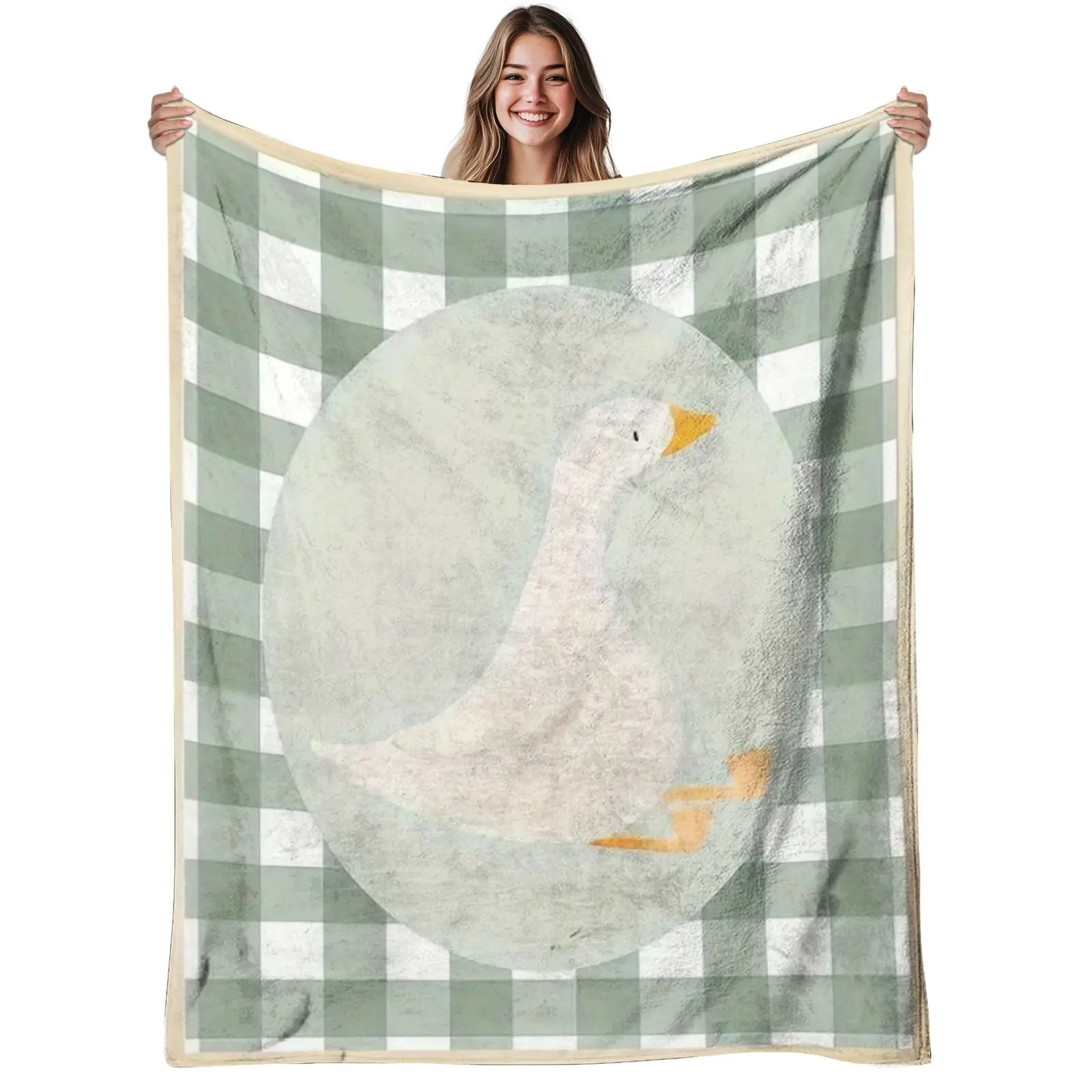 Sage Green Buffalo Plaid Goose-Print Soft Flannel Blanket - Rustic Farmhouse Warm Fuzzy Plush Throw, Ideal Birthday Gift for Goose Lovers, Perfect for Nursery Bedroom Sofa Home Decor