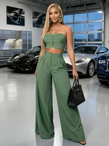 Women's Strapless Crop Top & Wide Leg Pants 2 Piece Set, Elegant Summer Vacation Outfit, High Waist Loose Palazzo Pants Matching Set, Fashion Going Out Party Lounge Two Piece Boutique Outfit