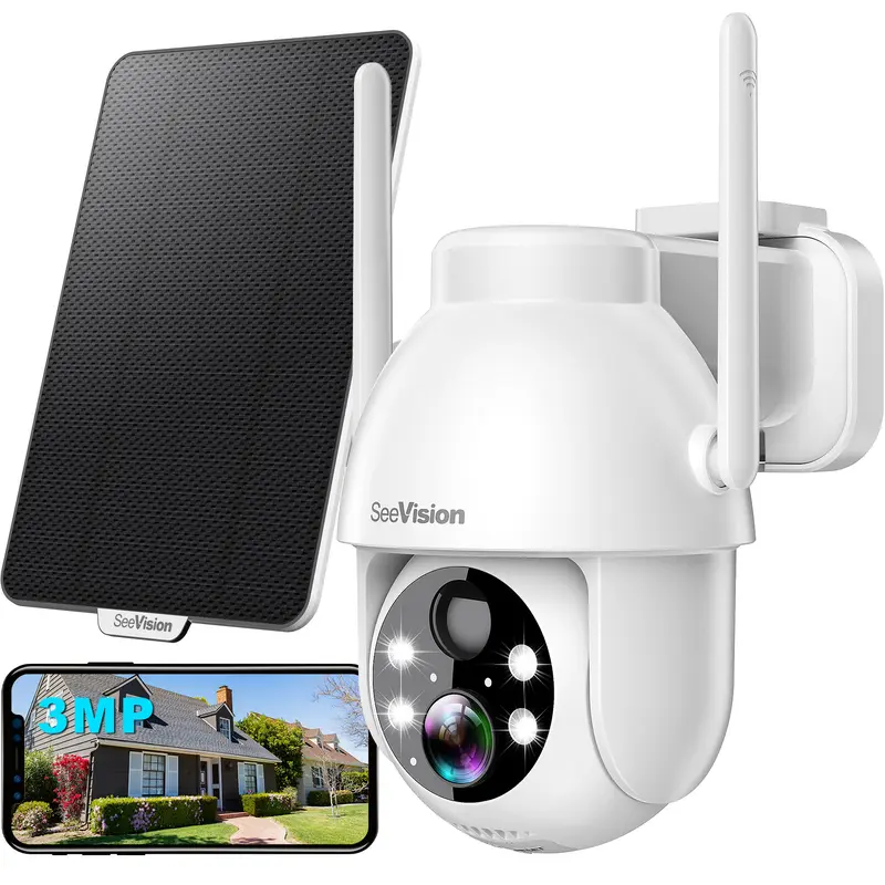 SeeVision White Solar Outdoor Wi-Fi Home Security Camera System Wireless - 2K HD, 3MP, IP66 Waterproof, Night Vision, PIR Motion Sensor Camera, AI Analysis Recognition, 2-Way Audio, Bluetooth, Wall Mount, SD Card Support, 3 Alarm Modes