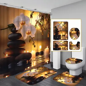 1/3/4PCS Zen Spa Element Shower Curtain Set, 71x71 Inches, Includes Background Pattern, Comes with 12 Hooks, 1/3/4pcs Options