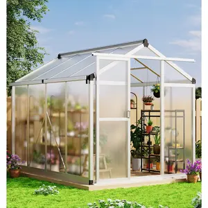 OP-Silver 6x8 Ft Outdoor Greenhouse, Aluminum Greenhouse with Roof Vents, Heavy Duty Polycarbonate Greenhouse,Durable Greenhouse ，Easy to Install, Large Walk-In Greenhouse for Backyard, Patio，Garden