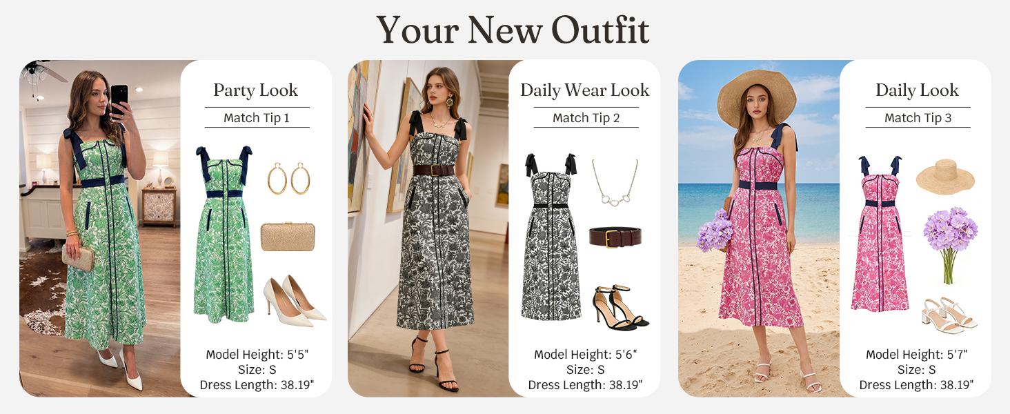 Wenrine Women's Summer Floral Midi Dress Casual Tie Strap Sleeveless Smocked Button Boho Flowy Beach Sundress with Pocket