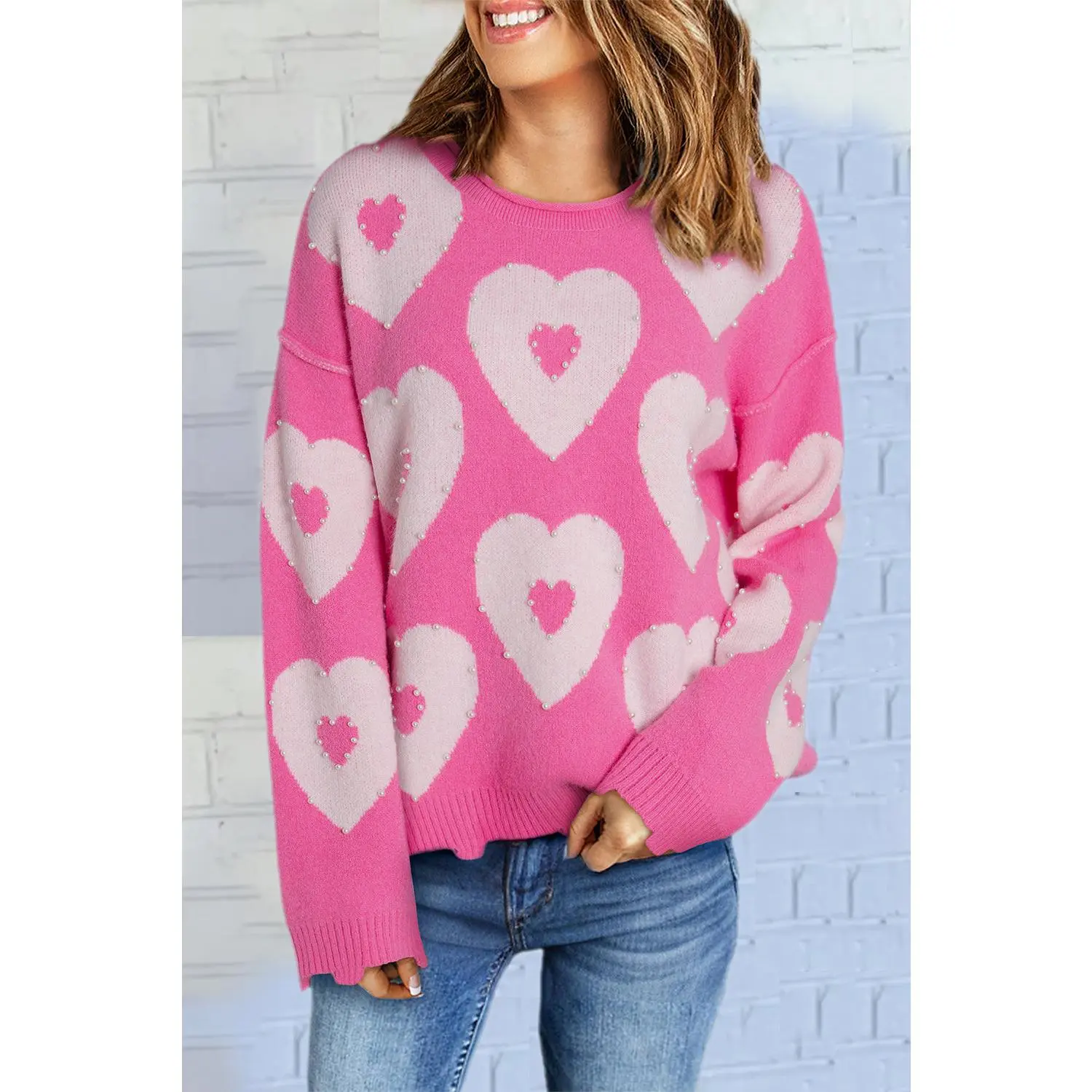 Pearl Beaded Heart Drop Shoulder Sweater