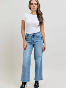 Judy Blue Mid Rise Tummy Control Vintage Wash Straight Denim Jeans 88943 - Petite