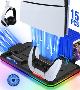 PS5 / PS5 Slim Stand and Cooling Station with LED for Playstation 5 Console, PS5 Controller Charging Station, PS5 / PS5 Slim Accessories with 3 Level Cooling Fan