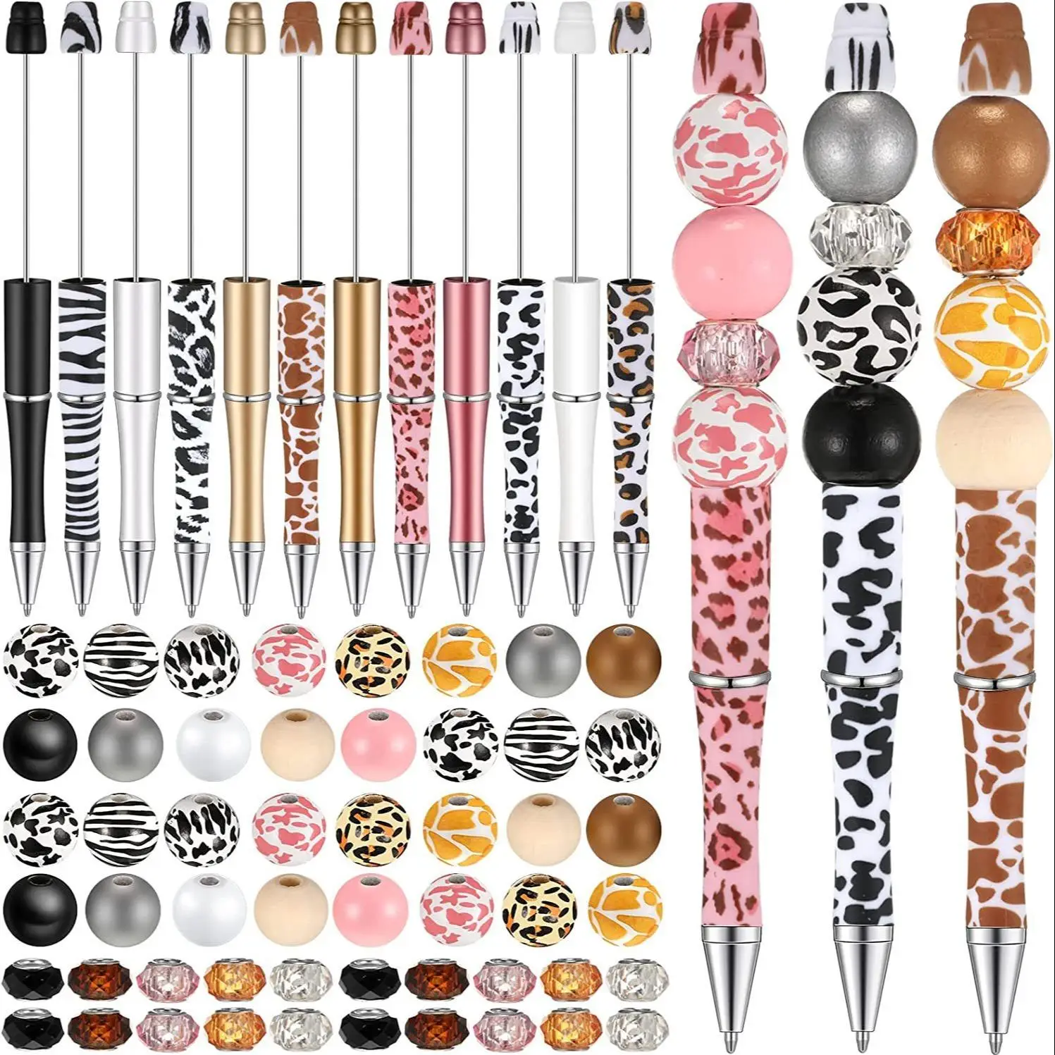 Leopard Print Design Plastic Bead Pens, 12pcs/set DIY Bead Decoration Pens With Colorful Hole Beads, Creative Bead Pens For Adults & Children, Summer