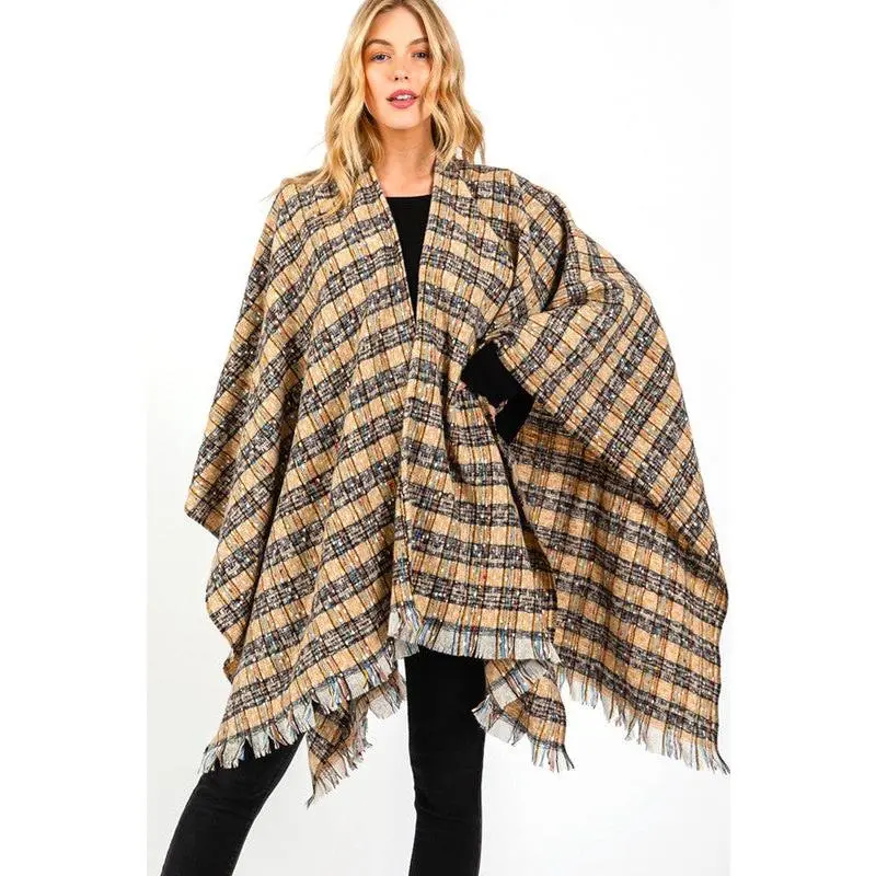 Manda Oversize Plaid Raw Edge Ruana Cardigan