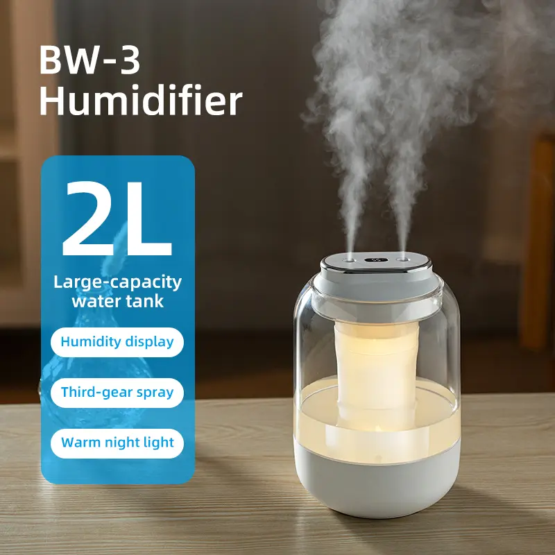 2L Large Capacity Cool Mist Humidifier with Real-Time Humidity Display,3 Spray Modes Dual Nozzle USB Rechargeable & Plug-in Portable Humidifier,Warm Night Light Quiet Humidifier for Bedroom Baby Room Office aesthetic fireplace diffuser flame home use