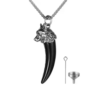 OIDEA Unisex Wolf Tooth Necklace: Black Stainless Steel Wolf Head Pendant Perfume Urn Box Pendant Viking Jewelry Gift
