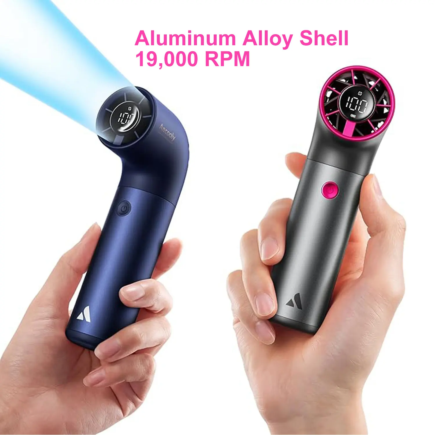 2pcs Portable Handheld Fan, Powerful Turbo Air Tube Fan, 19000 RPM High Speed Aero Pro, 15H Max Cooling Time, 6 Speeds Aluminum Case, Mini Pocket Design, for Travel Beach Outdoor Activities -Blue