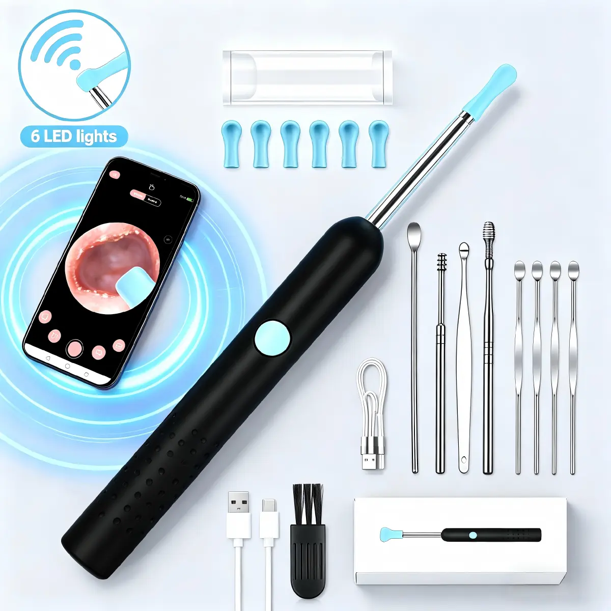 Household Portable HD Ear Wax Removals Tool - 6 LED Lights, Wireless Bluetooth Connection, for Adults and Kids Ear Cleaner Tool Ear Cleaner Camera Ear Cleaner Camera Earwax Remover Stick Earwax Remover Ear Cleaner Camera Ear Cleaner Camera Earwax Remover