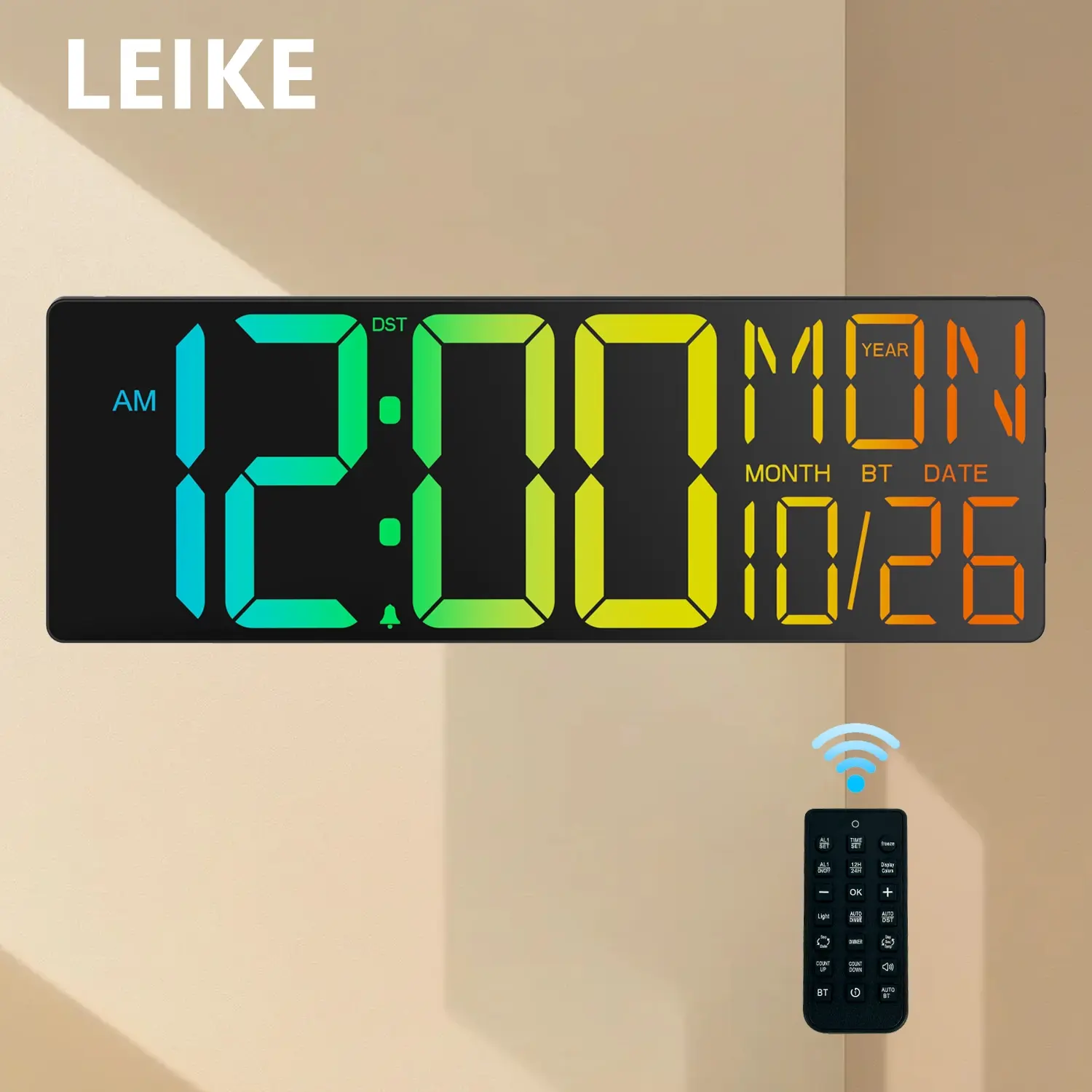 17.3" Large RGB Digital Wall Clock with Warm Night Light, Bluetooth Time Sync, Remote Control and Auto Dimming for Bedroom, Living Room or Game Room
