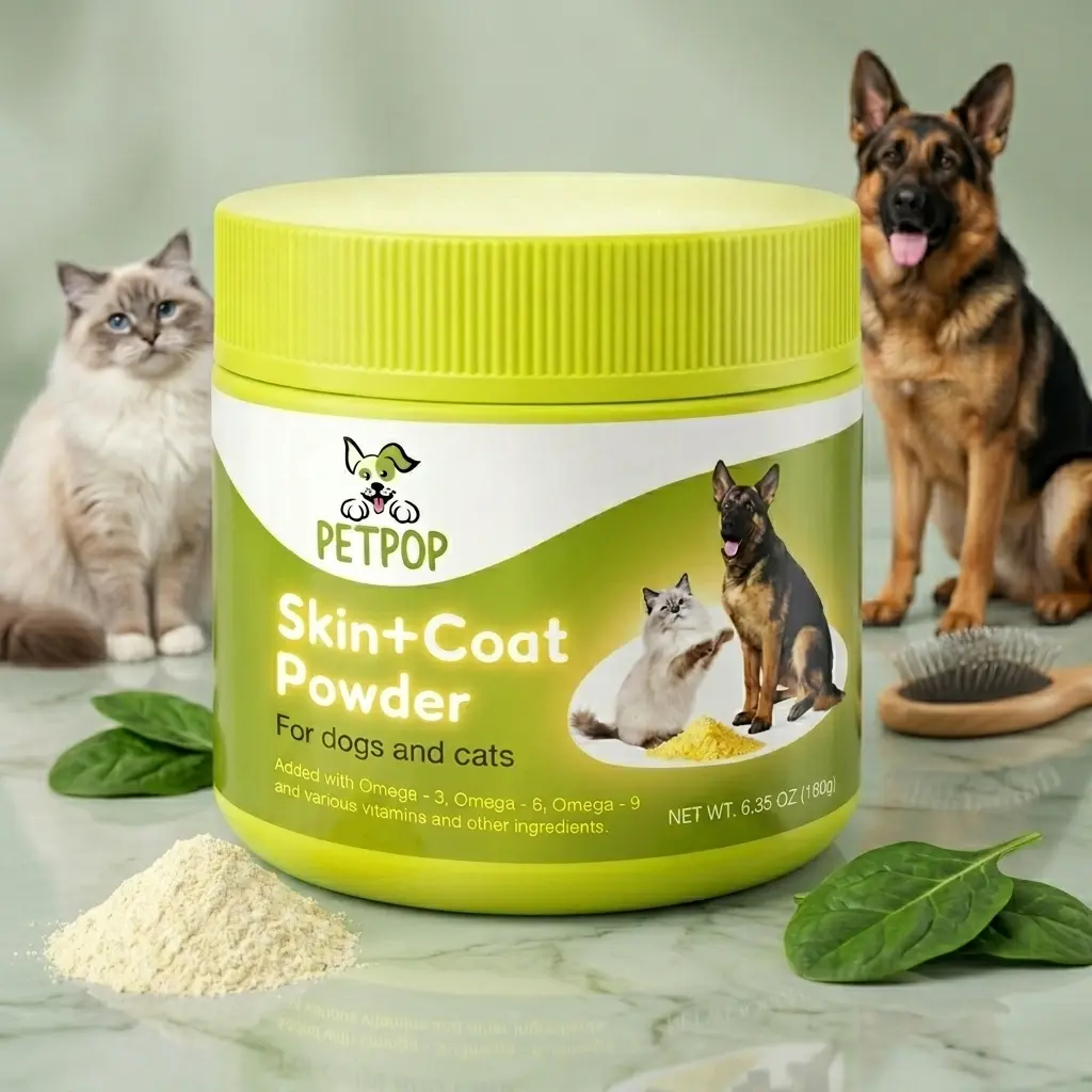 PETPOP Skin & Coat Support Powder for Dogs & Cats 6.36 oz, Chicken Flavor, Omega 3 6 9 with Biotin & Vitamin C, Easy Mix Supplement for Healthy Skin & Shiny Coat.