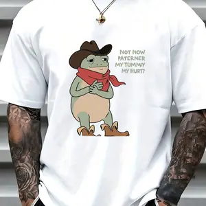 Funny Cartoon Frog Cowboy "Not Now Paterner My Tummy My Hurt" Graphic Tee - 100% Soft Cotton Short Sleeve Summer Breathable Shirt, Whimsical Humorous Streetwear Style, Perfect Gift for Friends and Family