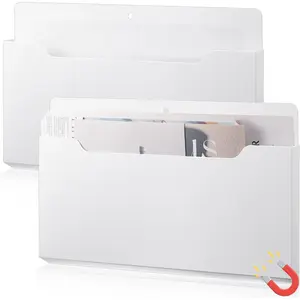 2 Pcs Magnetic File Folder Wall Hanging Holder Large Pocket Paper Magazine Mail Organizer for Refrigerator Classroom Locker Whiteboard, Horizontal White Color 13.8 x 8.3 Inches