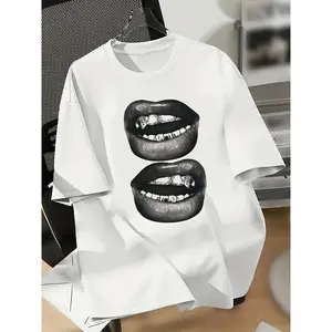 Hip Hop Streetwear Men's T-Shirt 180g Pure Cotton Casual Grillz Lips Graphic Print Tee Cool Rap Culture Top for Summer Club Party S-5XL