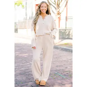 Gone Wild Set, Cream Knit Duo with Elastic Waist Pockets & V-Neck Buttons for Comfortable Casual Outings