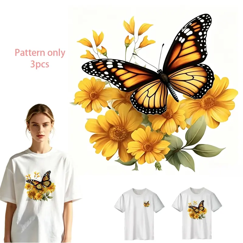 Butterfly and Flowers Heat Transfer Vinyl - DIY Clothing Iron-On Decal, Washable Design, DTF Print for T-shirts, Jeans, Hoodies, Backpacks, Fashion Accessories, Creative Pattern Only