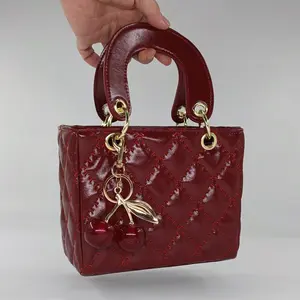 Mini Compact Women's Handbag with Cute Quilted Diamond-Stitch Design, Glossy PU Leather Appearance & Cherry Charm Detail, Perfect for Casual Dates, Daily Outfits & Trendy Gatherings