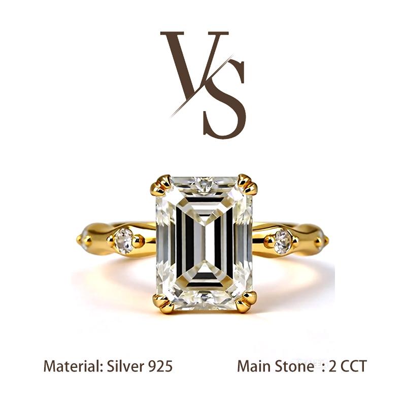 [Venus Jewelry] Synthetic Moissanite 2 CCT Emerald Cut Bamboo Design VVS 1 D Color Solid Silver 925 Solitare Ring