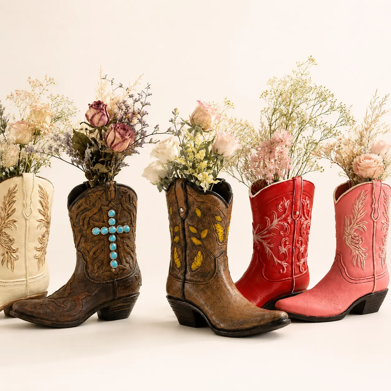 Western Cowboy Boot Vase, Embossed Resin Flower Holder for Dried or Faux Flowers, Rustic Farmhouse Table Decor, Cowgirl Home Accent & Gift