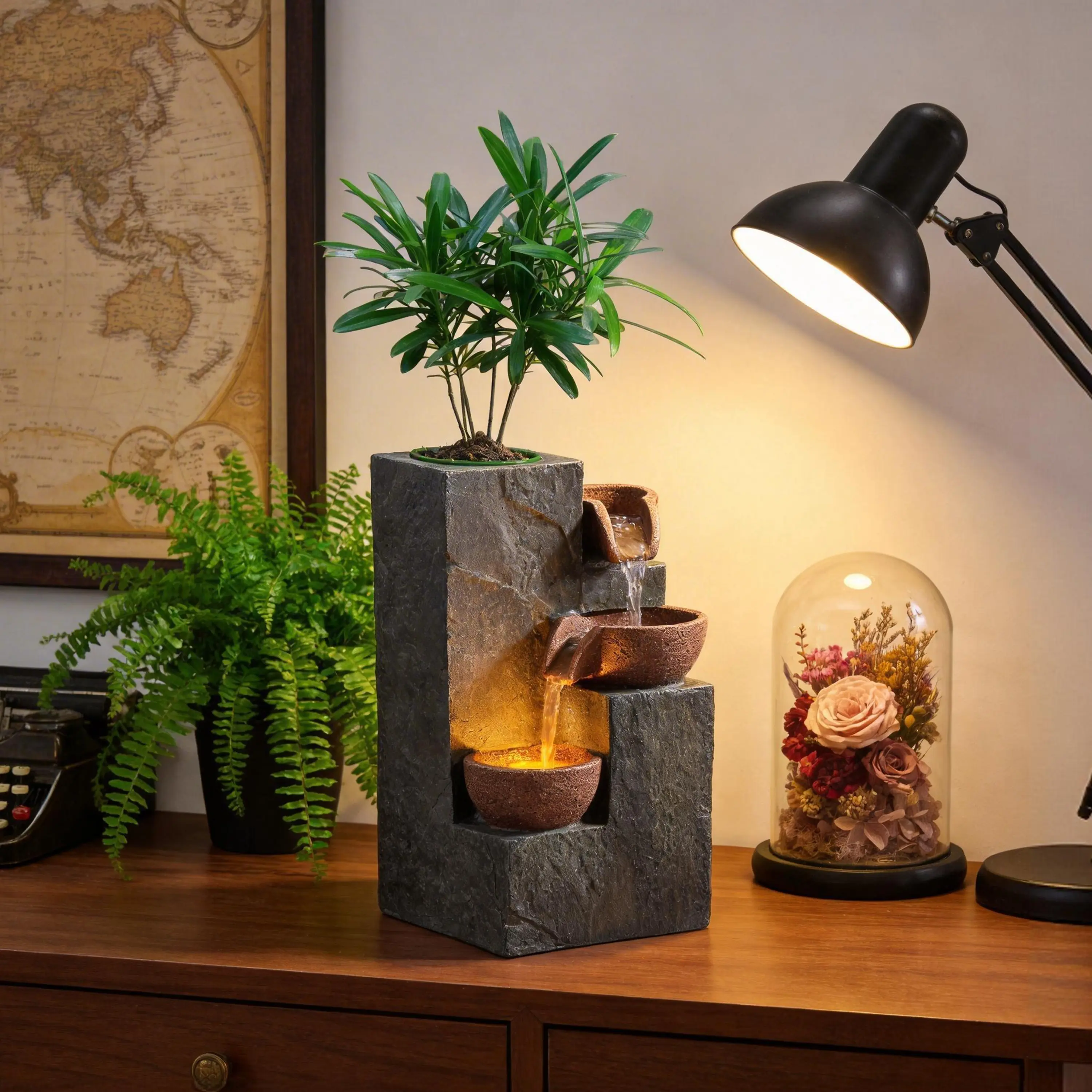 Indoor 3-tier rock resin desktop fountain with warm LED light & DIY plant growing basin. Soft trickling water delivers relaxing zen feeling, compact decor for desks & shelves.