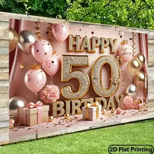 Large Size 2D Flat Polyester Photography Banner, 1pc 243.84x182.88cm Pink 50th Birthday Backdrop with Golden "HAPPY 50TH BIRTHDAY" Text, Balloons & Gift Boxes Design, Ideal for Indoor-Outdoor Party Decor, Photo Studio Props