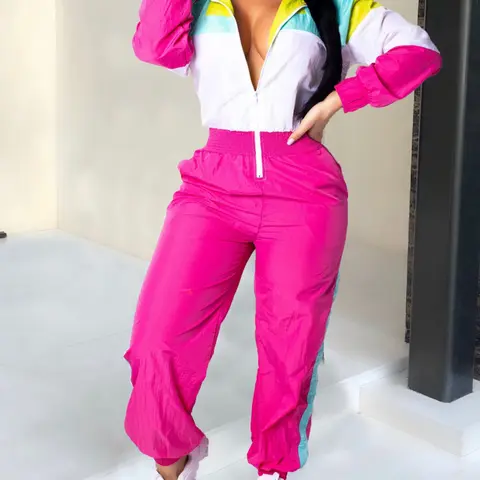 Women's Colorblock Hooded Jumpsuit with Pockets & Zipper, Elastic Waist Casual Fitted Jumpsuit, Lightweight Windproof Jumpsuit, Casual Jumpsuit, Casual Fashion Jumpsuit
