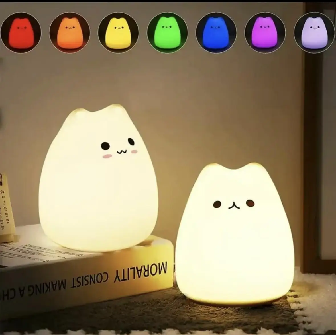 Cute Cat Design Night Light, 1 Piece 7 Color Changing Silicone Night Light, Silicone Multicolor Cute Cat Lamp with Warm White and 7-Color Breathing Mo