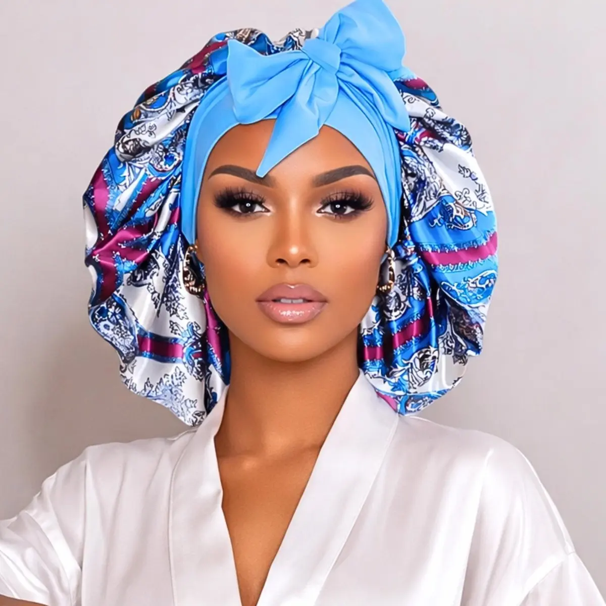 Original Stretch Tie Satin Bonnet | Blue Damask