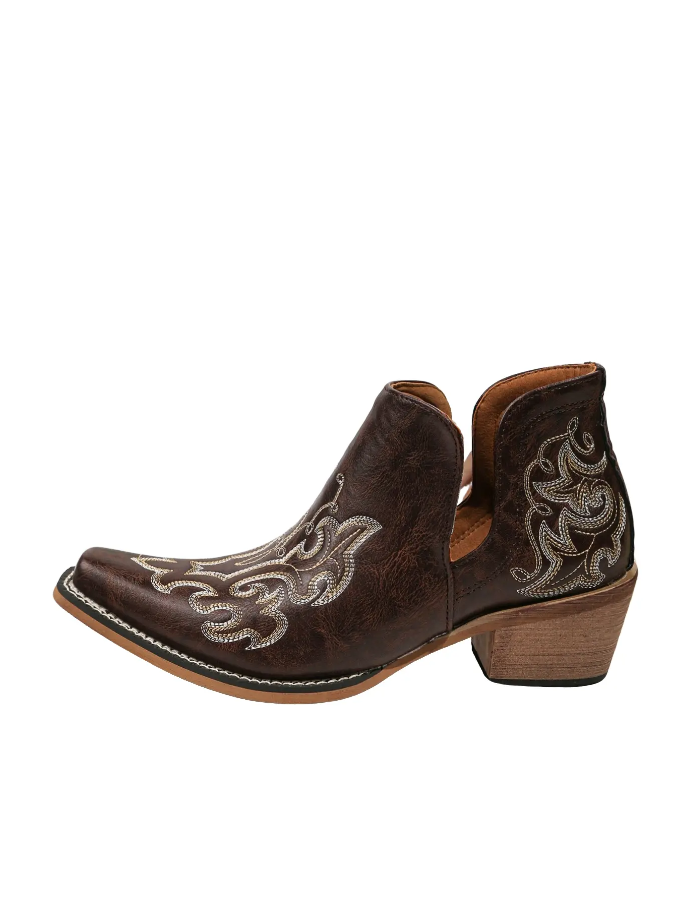 Vintage Western Cowboy Short Boots, Footwear, Elegant Embroidery, Side Cutout, Chunky Heel, Women's Ankle Boots, Pointed Toe, Square Heel, Western Embroidered Boots