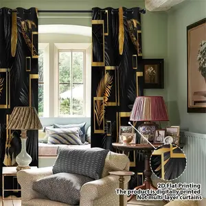 2-piece set of black gold tropical plant leaf curtains, light luxury high-end living room and bedroom curtains, semi blackout polyester fabric, home daily room decoration curtains, Window Curtain