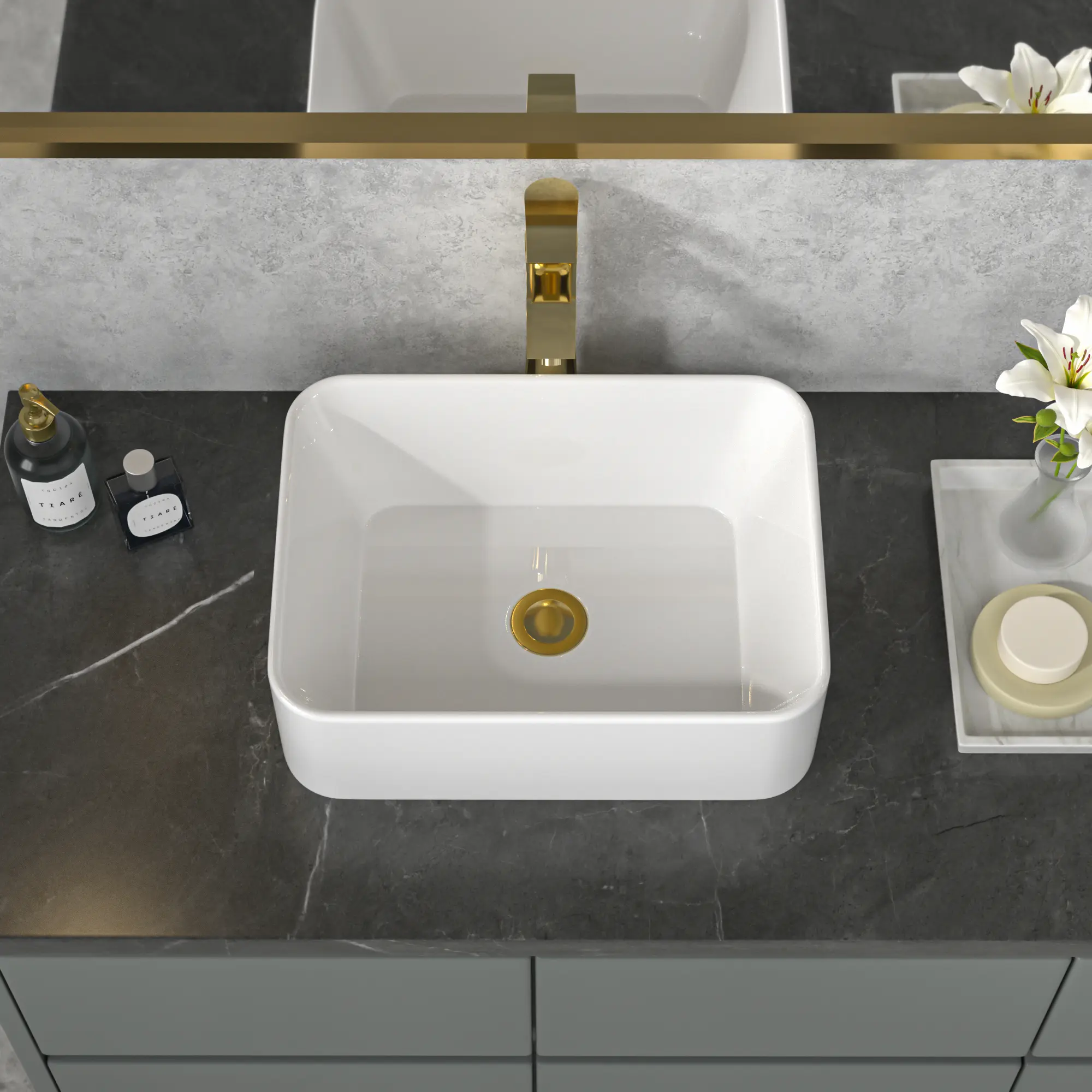 Sarlai Standard Size 15.7x11.8in Durable White Modern Top-Mount Ceramic Bathroom Sink, Rectangular Fully Assembled High-Gloss Porcelain Vessel Vanity Art Basin with Fast Drain, for Indoor Use