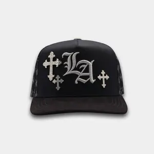 LA Cross Embroidered Snapback Hat - Black Adjustable Cap with Silver Crosses and LA Logo