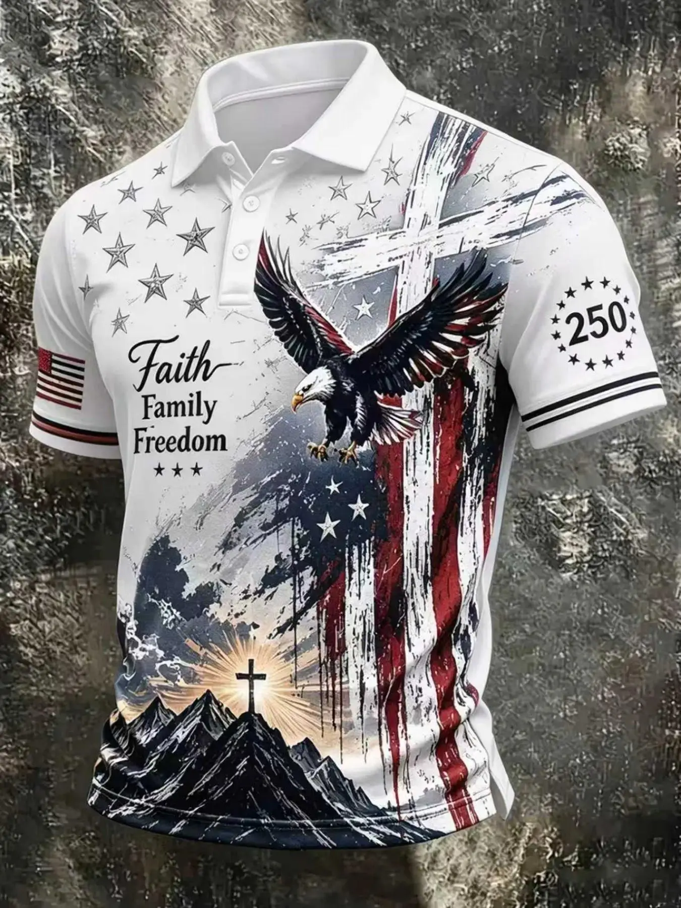 Men's Christian Patriotic Polo Shirt, All over Print Eagle Mountain Cross Sunrise, Faith Family Freedom Text, Vintage American Flag, 250th Anniversary