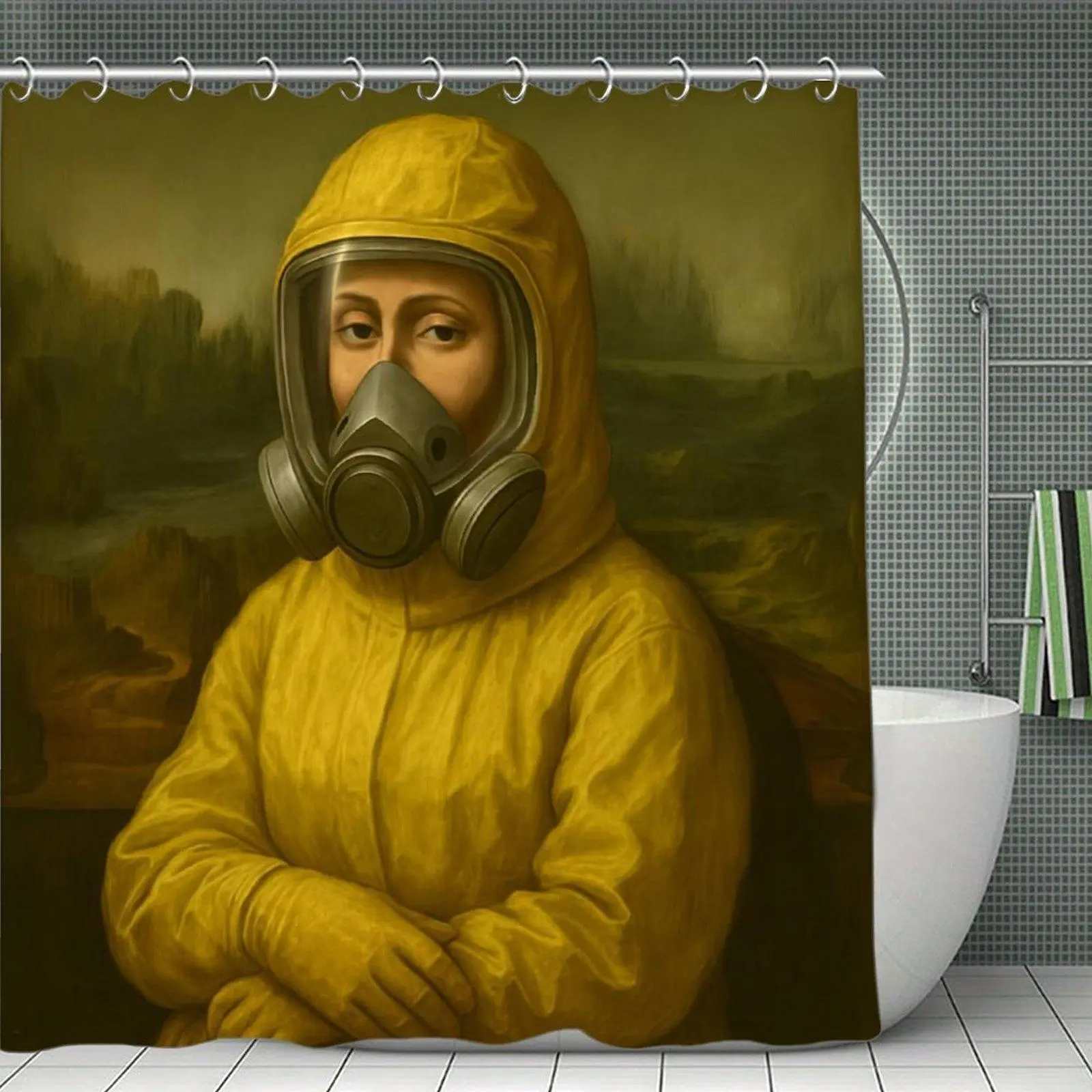 Waterproof Hazmat Suit Mona Lisa Print Shower Curtain - Stainless Steel Compatible Bathroom Decor for Bathtub, Window Use, Plastic, Shower Curtains
