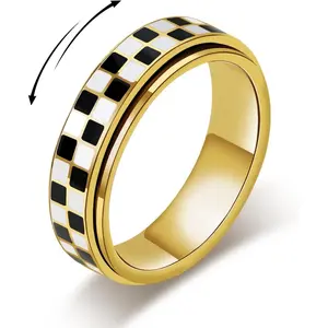 Checkered Spinner Ring for Adults, 18K Gold Plated Stainless Steel Rotating Band Jewelry, Black and White Pattern Unisex Ring