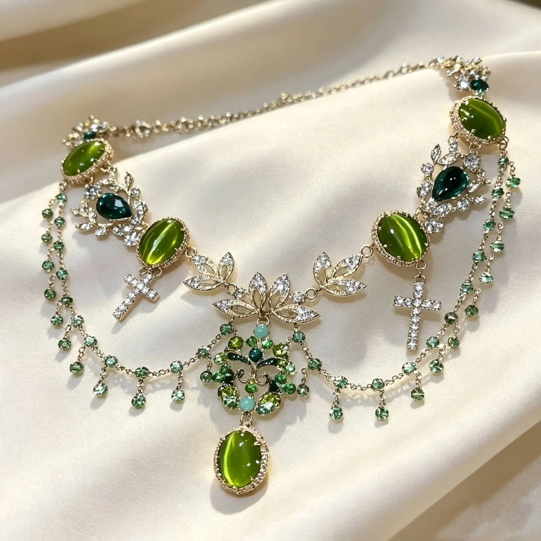 Elegant Green Gemstone Necklace with Cross and Leaf Design for Women's Fashion Jewelry